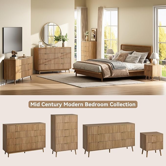 CARPETNAL Fluted Dresser and Nightstand Sets for Bedroom, 3 Pcs Bedroom Set, 6-Drawer Dresser & 2-Drawer Nightstand Set of 2, Modern Wood Chest of Drawers for Living Room, Entryway, Walnut