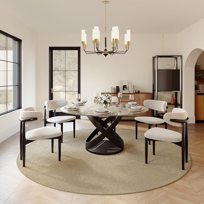 POVISON 59" Modern Round Dining Table, Glass Round Kitchen Table for 6, Glass Dining Room Table Top with Black X Carbon Steel Base for Dining Room (Dining Table Only)