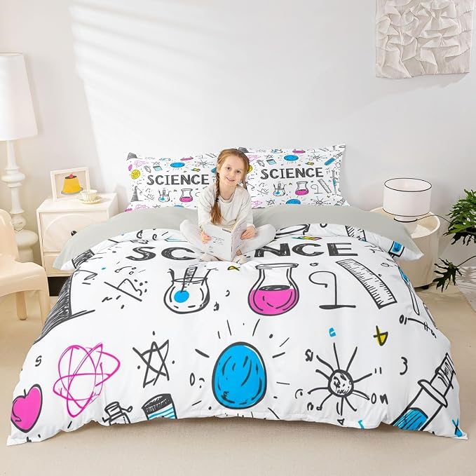Erosebridal Science Duvet Cover Set Math Equations Geometry Axis Art Girl Toddler Bedding Set for Toddler Boys | School Educational Comforter Cover Science Students Bed Sets, Room Decor Aesthetic