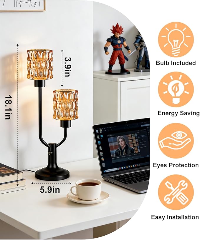 Lightdot Vintage Table Lamp for Bedroom Dimmable Nightstand Lamp Mid Century Modern Amber Glass Black Desk Lamp 2 Bulbs Included Warmwhite Ambient Bedside Lamps for Living Room Home Office Decor Gift