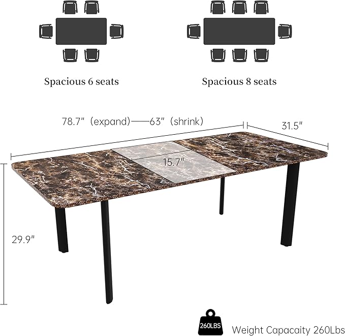 Extendable Dining Table for 6-8 People, 63 to 78.7 Inch Rectangular Table, Brown MDF with Sturdy Metal Legs, Space-Saving for Dining Room, Kitchen, Small Spaces