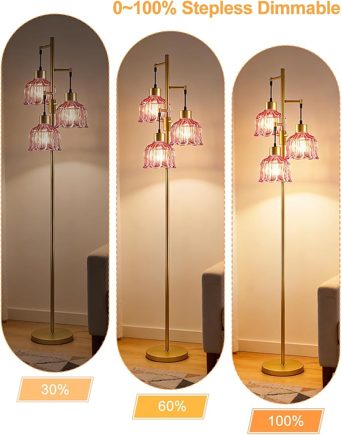 3-Light Modern Glass Floor Lamp, Gold Standing Tall Lamp with Deep Red Vertical Rib Glass Shade, Dimmable LED Floor Lamp with 5Lbs Heavy Base for Living Room Bedroom Home Decor, Bulb Included