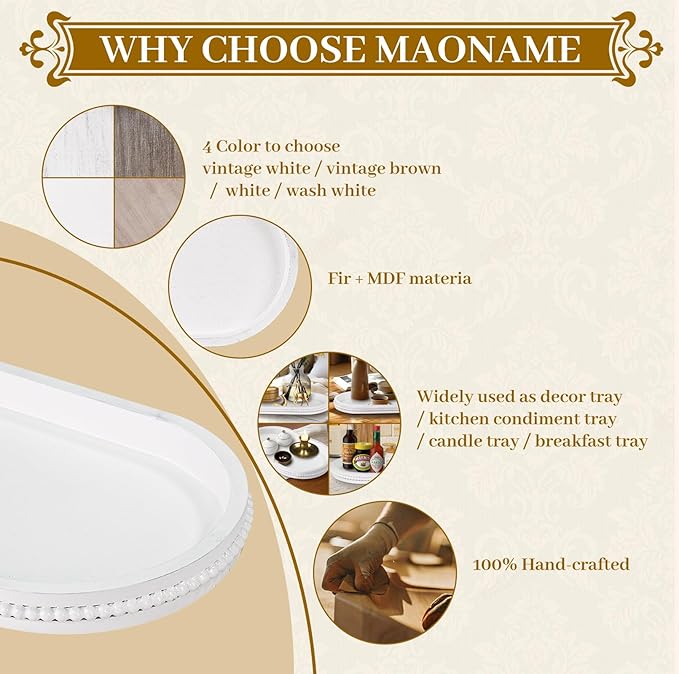 MAONAME Wood Serving Tray, Farmhouse Wooden Tray for Coffee Table, Oval Beaded Trays, White Decorative Trays for Living Room, Kitchen, 15" X 9" X 1.2"