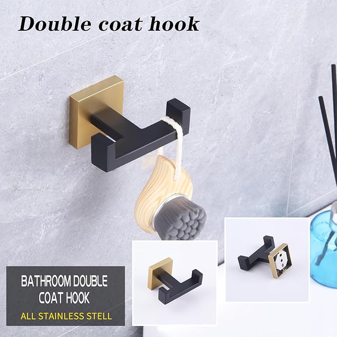 GERZWY Stainless Steel Coat/Robe Clothes Hook for Bath Kitchen Modern Hotel Style, Bathroom Double Towel Hook Wall Mounted (Black & Gold) AG1407B-BD
