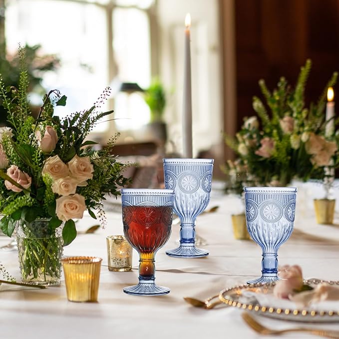48 Pack Vintage Wine Glasses, Plastic Reusable 12 Ounce Colored Water Goblets, Unique Flower Embossed Pattern Unbreakable Stemmed Wine Glasses High Clear Wedding Party Bar Drinking Cups Blue