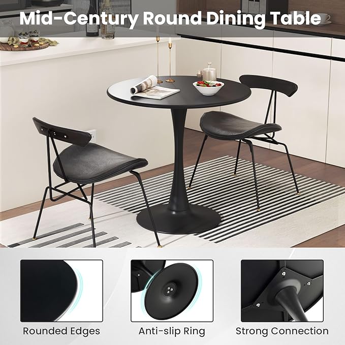 Giantex Black Round Dining Table, 32" Modern Tulip Kitchen Table w/ 0.9” Thickened Tabletop & Sturdy Metal Pedestal, Mid-Century Leisure Table for Small Places, Dining Room, Living Room, Cafe