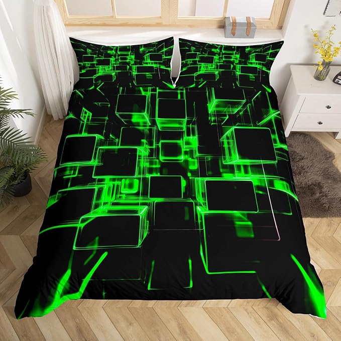 Erosebridal Fluorescent Green and Black Kids Duvet Cover, Modern Geometric Square Bedding Sets for Boys Girls Gradient Neon Light Honeycomb Bed Cover Queen 3 Pieces