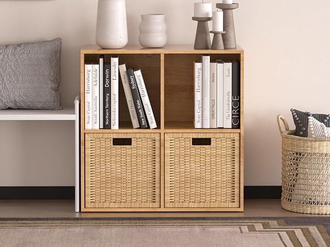 Wooden 4 Cube Storage Organizer with Closed Back Panel,White Cube Shelf Cubby Storage Organizers with Compartments for Living,Bookshelf,Organizers Easy to Install (Oak, 4 Cube)