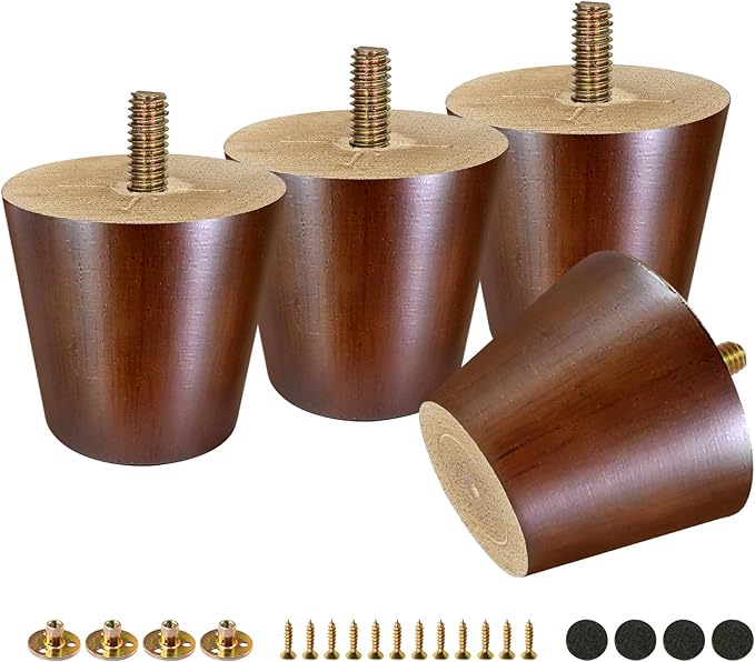 FoDau770 Brown Rubber Wood Furniture Legs 2 Inches, Straight Tapered Wood Feet Mid Century Sofa Legs Set of 4, 5/16" UNC Furniture Feet for Cabinet Couch Dresser Chair Ottoman Table