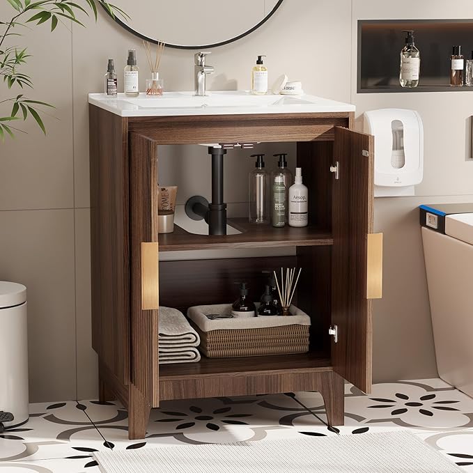 VINGLI 24 Inch Bathroom Vanity with Sink, Mid-Century Modern Vanity with Ceramic Basin and Fluted Soft-Close Doors, U-Shape Storage Shelf,Free Standing Small Bathroom Sink Cabinet Combo Set,Walnut