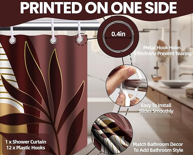 Boho Red Shower Curtain, Mid Century Modern Red Shower Curtains for Bathroom, Waterproof Fabric Set with Hooks, 70" W x 72" L