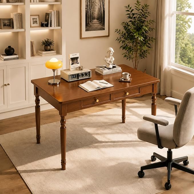 Walnut Writing Desks with Drawers, 47" Solid Wood French Country Style Computer Desk for Home Office, Living Room Study Workspace or Bedroom, Traditional Vanity Dressing Table