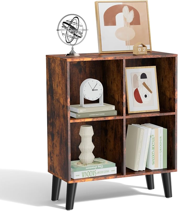 4 Cube Storage Organizer with Legs, 2 Tier Cube Low Bookcase Freestanding Storage Display Organizer for Home Office, Four-Cubes Open Shelf Bookshelf (Retro Brown, 4 Cube)