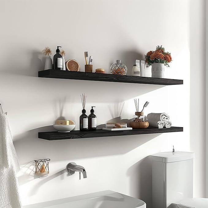 36 Inch Black Wood Floating Shelves for Wall Rustic Wall Shelf for Bedroom Living Room Set of 4