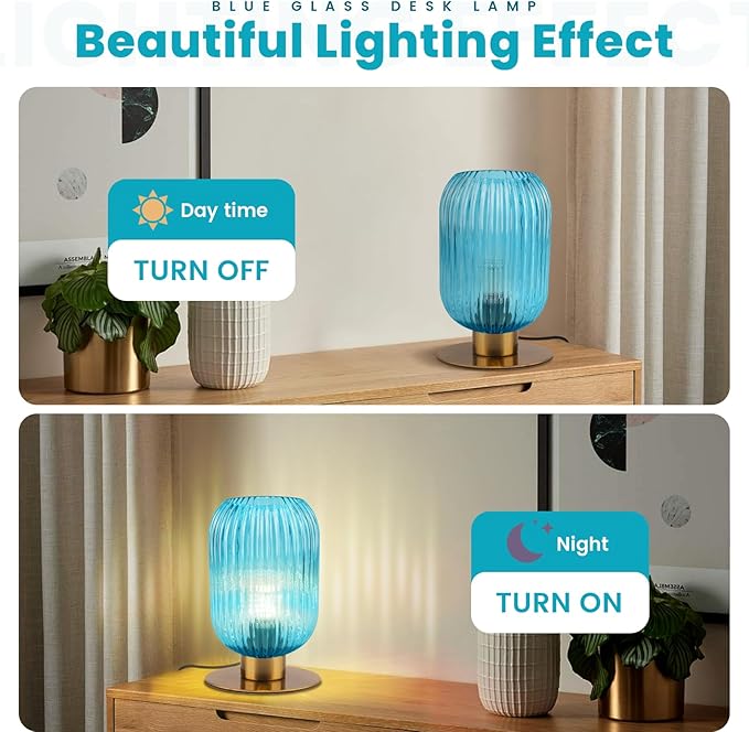 Nightstand Lamps Set of 2, Small Vintage Table Lamp with Gold Metal Base, Coastal Blue Glass Bedside Lamp Decorative Desk Lamp for Bedroom Living Room Study Room