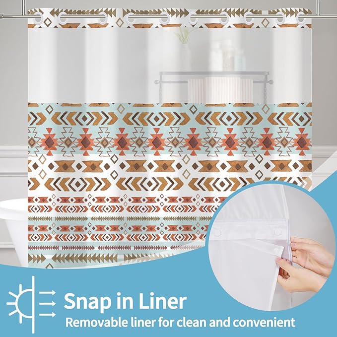 Boho Shower Curtain with Snap in Liner No Hook Mid Century Abstract Curtains for Bathroom Decorations Arch Sun Palm Leaf Waterproof Fabric Bath Accessories Washable 71x74 Inch