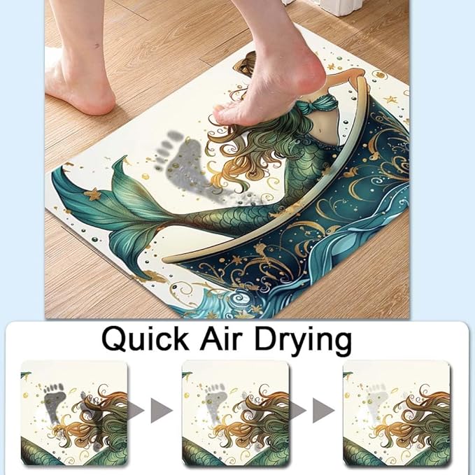 Bath Mat Rug,Beautiful Mermaid Non Slip Quick Dry Super Absorbent Thin Bathroom Rugs Fit Under Door-Easy to Clean Bathroom Floor Mats-Shower Rug for Shower Sink Bathtub(16" x 24"in)