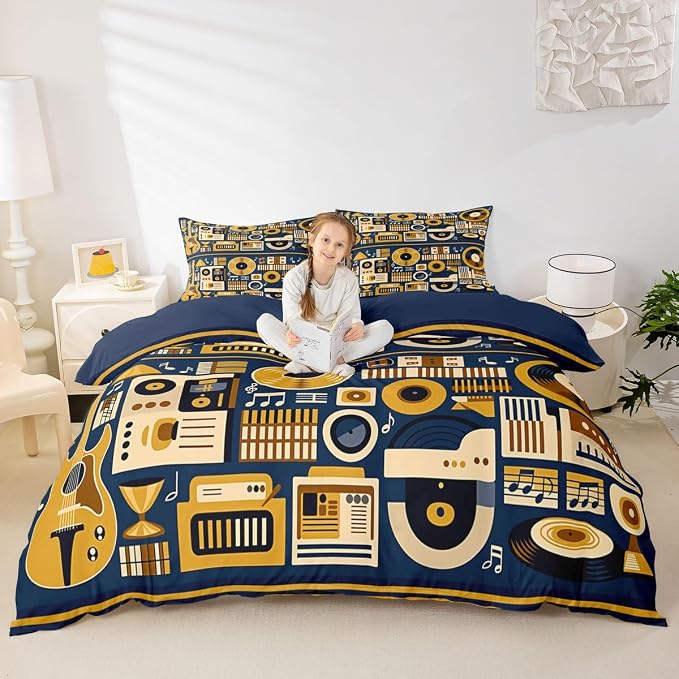 Erosebridal Retro Music Comforter Cover King for Boys Men - Vinyl Record Rock Roll Bedding Set Musical Notes Instrument Duvet Cover,Modern Vintage Music Art Bed Set