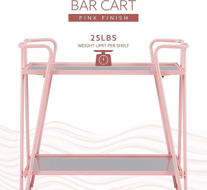 Gina Pink Mid-Century Bar Cart with Mirrored Shelves and Locking Wheels by Linon