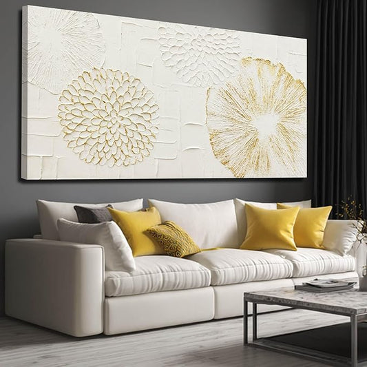 VAYIMDH White Wall Art Floral Paintings Hand Drawn Wall Decor Gold Arts Pictures 29"x58" Artwork for Living Room Dinning Room