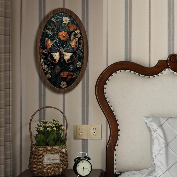 UYIKG Vintage Moth Wall Art Decor,Cottagecore Moth Floral Oval Wall Decor,Gothic Witchy Mystical Oval Wooden Framed Decorations for Theme Room Home Bedroom Living Room 9x14.6 in