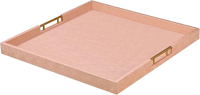 20x20 Inches Large Champagne Faux Leather Wrapped Wood Ottoman Tray with Handles for All Occasions, Serving Breakfast On Bed, Home Decor Decorative, Living Room,Square Coffee Table Organizer
