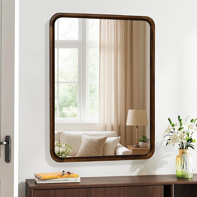 Bathroom Mirror for Wall,Wood Rectangle 30 x 40 inch Hanging Vatiny Tempered Mirrors with Rounded Corner for Living Room,Bedroom,Entryway