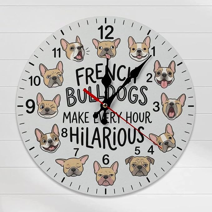 Funny French Bulldog Wooden Wall Clock Silent Non Ticking 10/12 Inch Battery Operated Dog Lover Gift for Kitchen Living Room Bedroom Office Decor