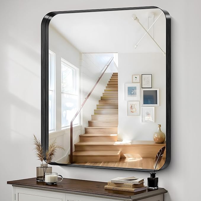 CIRCUMI Black Bathroom Mirror, 40"x48" Rectangular Mirror with Deep Metal Frame, Rounded Corner, Tempered Glass, Large Mirror for Wall, Over 2 Sinks, Installed Vertically/Horizontally, Crystal-Clear