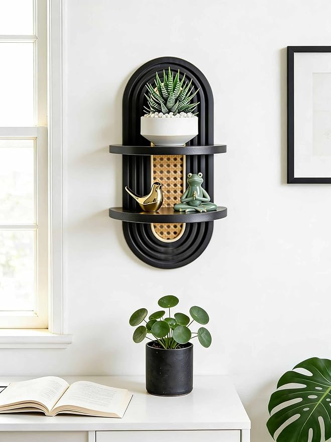 2-Tier Woven Rattan Floating Shelves, Mid-Century Modern Boho Wooden Wall Hanging Decor Plant Shelf for Living Room, Bedroom, Bathroom, Home Office, Ideal for Small Planters & Accents (Black)