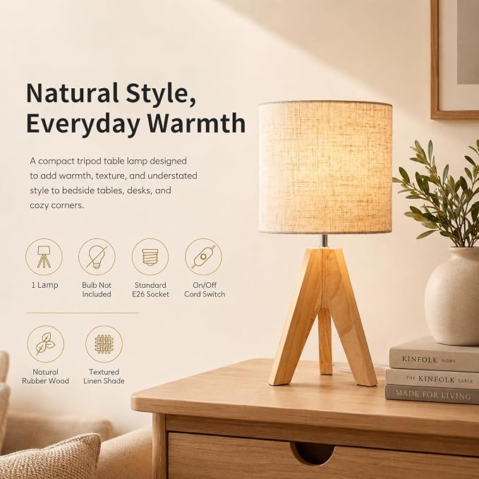 Tripod Table Lamp Linen: Small Bedside Lamp with Natural Rubber Wood Base, Wooden Nightstand Lamp for Bedroom Living Room Nursery Office, Mid Century Modern Desk Lamp, E26 Socket