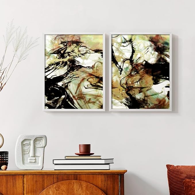 Renditions Gallery Set of 2 Peel & Stick Framed Prints, Abstract Wall Art, Vapping Smoke Design Wall Decor, Re-Stickable - Ready to Hang - 8"x10" - White Frame LT588