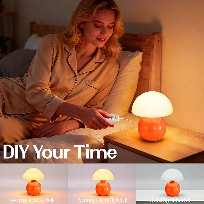 Small Mushroom Lamp,USB-Plug in Bedside Table Lamps with 3-Temperature LED Bulb Dimmable,Unique Cute Aesthetic Home Decor for Living Room,Bedroom, Modern Ceramic Base Glass Lamp(Orange)