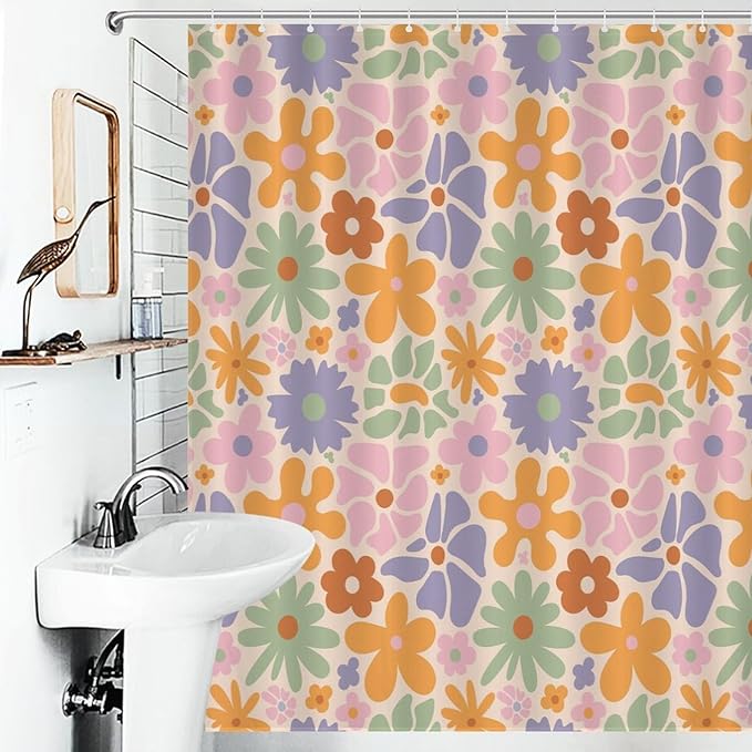 Mid Century Colorful Floral Shower Curtain, Boho Abstract Vintage Retro Orange Flower Botanical Aesthetic Washable Waterproof Fabric for Bathroom Decor Bathtub with 12 Hooks 55x72in（140x183cm）