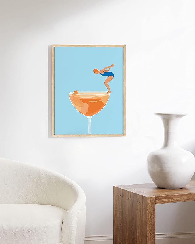 HAUS AND HUES Preppy Bar Wall Decor Framed - Blue and Orange Bar Cart Decor, Colorful Bar Wall Art Prints, Vintage Cocktail Poster, Alcohol Art Decorations Aperol Spritz (16x20 Beige Frame)