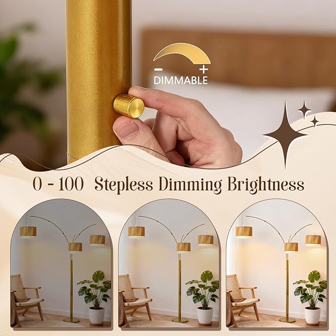 Gold Arc Floor Lamp for Living Room, Mid Century Floor Lamp with Stepless Dimmable Switch, Boho Standing Lamp with Wicker&Fabric Shade, Rattan Tall Lamp for Bedroom Over Couch Reading
