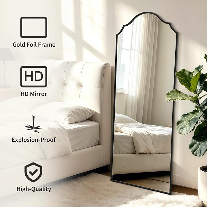 Besdomus Scalloped Full Length Mirror: 21"x56" Black Arched Floor Mirror - Minimalist Modern Wooden Frame Long Body Standing for Wall/Bedroom/Cloakroom/Entryway/Living Room - Home Decor for Housewife