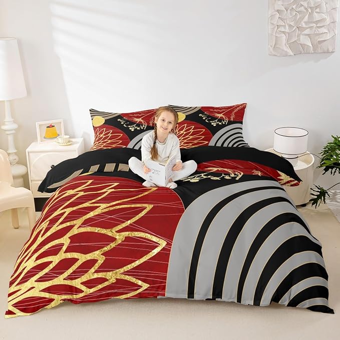 Erosebridal Red and Black Modern Duvet Cover Full Size for Minimalist | Abstract Mid Century Comforter Cover Bohemian Leaf Floral Botanical Bedding Set Aesthetic Modern Geometric Bed Set