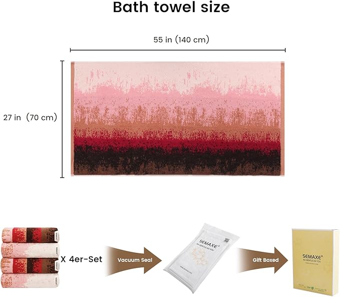 SEMAXE 4-Pack Luxury Bath Towels for Bathroom, 100% Cotton, Soft, Absorbent, and Quick-Drying, 55"x27", Plum Garden, Perfect for Hotels, Gyms, and Spas