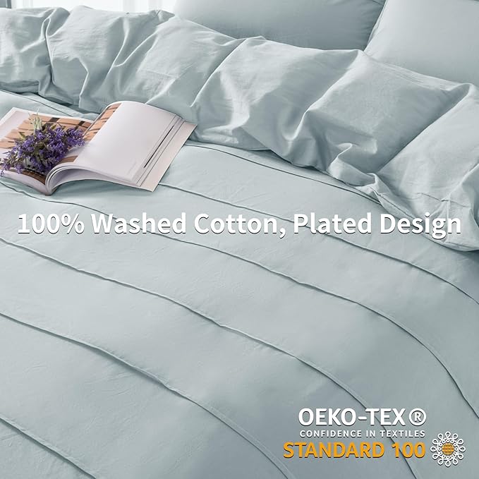 NEXHOME PRO 100% Washed Cotton Duvet Cover Twin Size, Pleated Duvet Cover Set Azure Blue, 2 Pieces Organic Bedding Set with Zipper Closure, Soft, Lightweight and Breathable (68"x90", No Comforter)