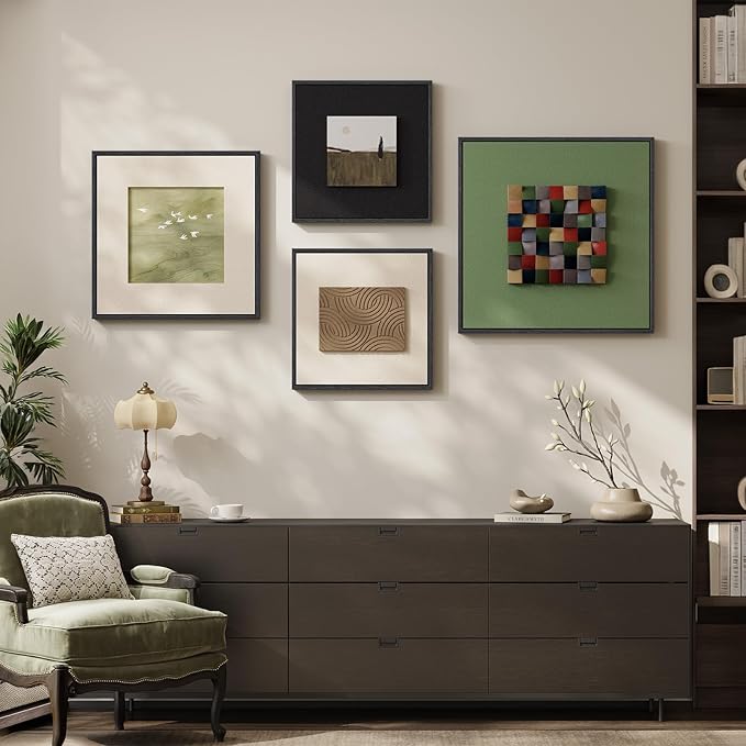 Framed 3D Wood Abstract Wall Art for Living Room, Large 4 Piece Sage Green Textured Landscape Artwork for Walls, Modern Minimalist Colorful Wooden Wall Decor for Dining Room,Hallway, Office Aesthetic