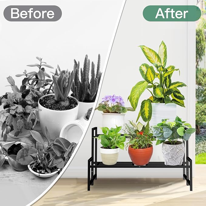 Lilybud--lily Plant Stand Indoor Outdoor, 2-Tier Wrought Iron Plant Stands, Stackable Metal Plant Shelf Decorative Outdoor Flower Stand Heavy Duty Pedestal Stands for Garden Deck Living Room, Black