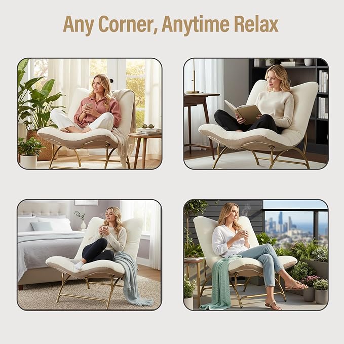 Tiita Accent Lazy Chair, Comfy Lounge Chair with Metal Frame and Plush Fabric, Spacious Seat Cozy Recliner Chair for Reading Room, Living Room, Bedroom, Office, Beige