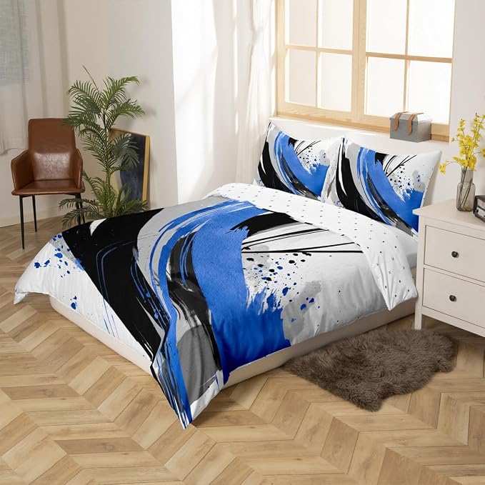 Erosebridal Black and Blue Kids Bedding | Modern Geometric Striped Duvet Cover for Boys Girls Contemporary Watercolor Graffiti Bed Set Boho Minimalist Aesthetic Art Bed Cover Twin 2 Pieces