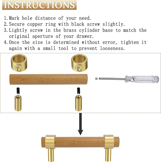 Wood and Brass Dresser Handles 0~3 Inch Double Hole 4Set Adjustable Center to Center Euro Scandi-Modern Kitchen Cabinet Pull, Unfinished DIY Wood and Metal Drawer Knob