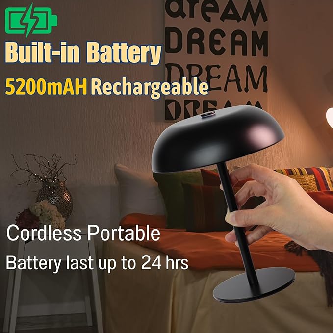 Portable LED Mushroom Table Lamp, Cordless Desk Night Light with 5200mAh Rechargeable Battery, Stepless Dimming Small Lamp with 3 Color and Brightness Control for Bedroom/Patio/Bar/Coffee shop (Black)