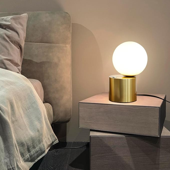 Gold Globe Dimmable Table Lamp Set of 2, Nightstand Lamps Mid Century Modern Desk Lamp with Milk White Glass Shade for Dorm,Bedroom(Low 2 Pack)