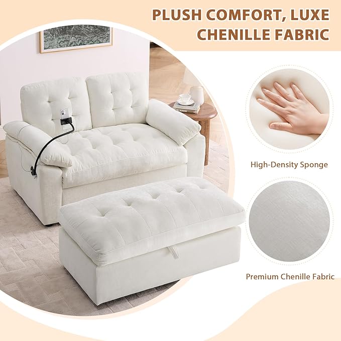 Oversized Chaise Lounge Chair Indoor, Double Convertible Recliner Reading Arm Sofa Chair W/Adjustable Backrest & Charging Port Couch Bed for Living Room, Home Theater & Bedroom, Beige