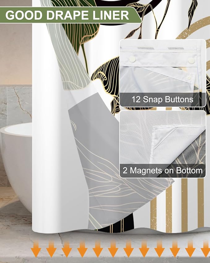 No Hook Shower Curtain with Snap in Liner Set, Abstract Tropical Botanical Print Shower Curtains for Boho Mid Century Modern Bathroom, Waterproof Bath Curtain with Mesh Top, 71x74 Inch
