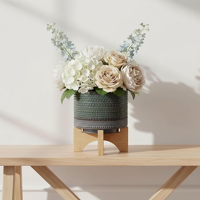 Ceramic Dotted Planter with Wood Stand for Home Decor - Modern Flower Planters for Patio, Entryway, and Garden - Small Decorative Pot Display for Indoor and Outdoor Plants - 8", Green & Tan